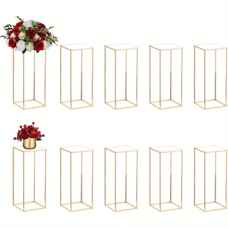 Decorbites gold metal vase set featuring gold-colored metal rectangular pedestal stands for home events decor