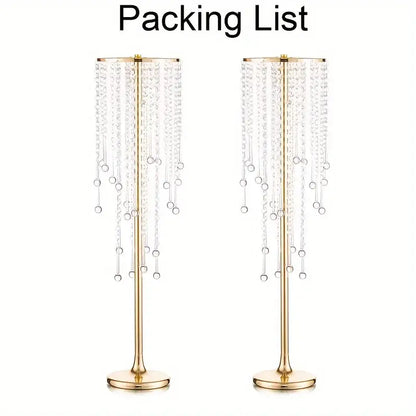 Decorbites™ gold metal vases set featuring elegant 29.6 inch gold metal chandelier stands with cascading clear beads and accents
