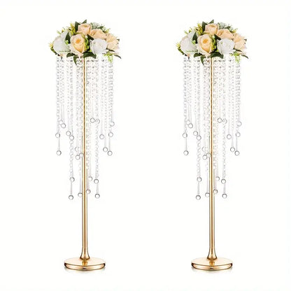 Gold metal vases set with gold metal frame, cascading clear beads, and peach white rose floral arrangement at 29.6 inch height