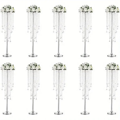 Decorbites™ gold metal vases set featuring silver metallic tall centerpieces with cascading crystal beads and white roses