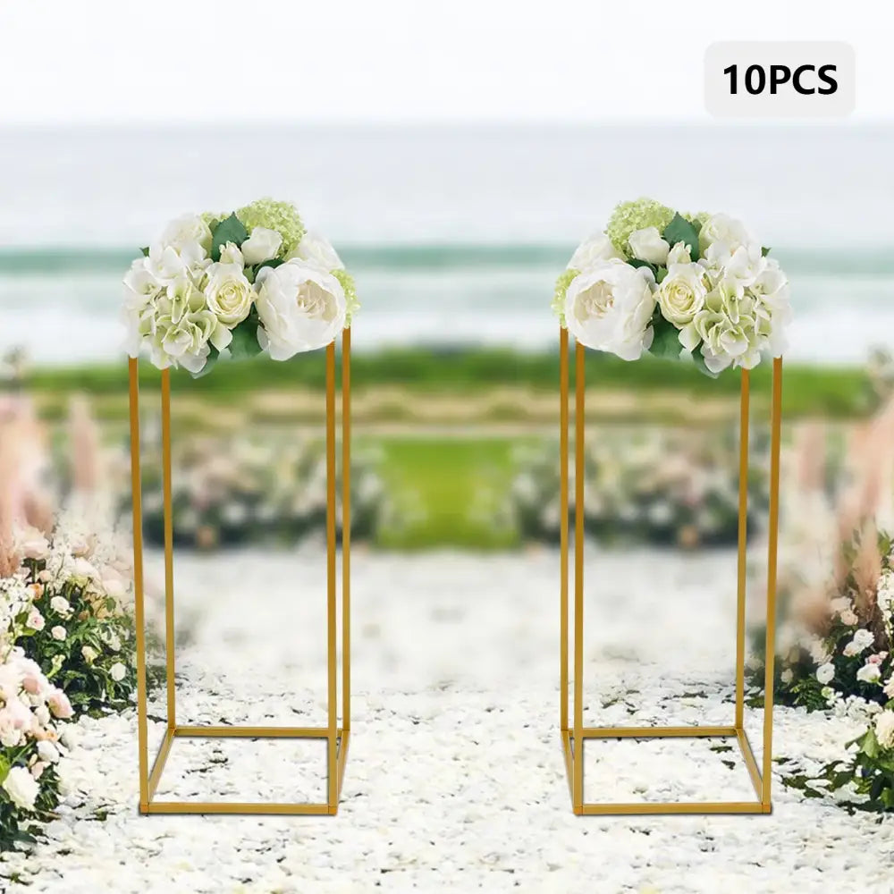 DecorBites™ gold metal wedding flower stand set with white and light green artificial floral bouquets