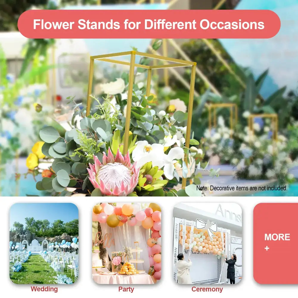 Decorbites™ gold metal wedding flower stand with geometric cube design holding white orchids and pink protea flowers