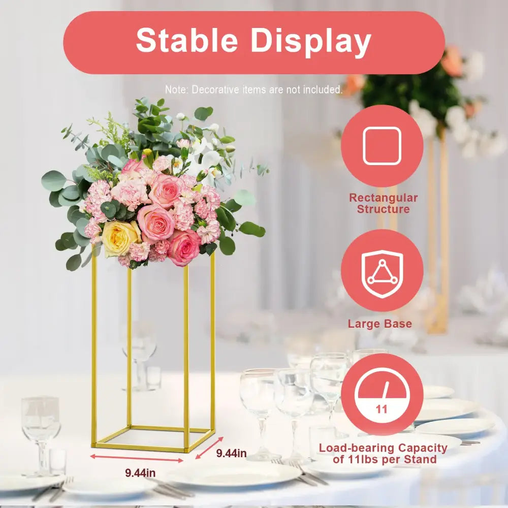 Gold metal wedding flower stand with 9.44-inch base for stable display of floral arrangements by DecorBites