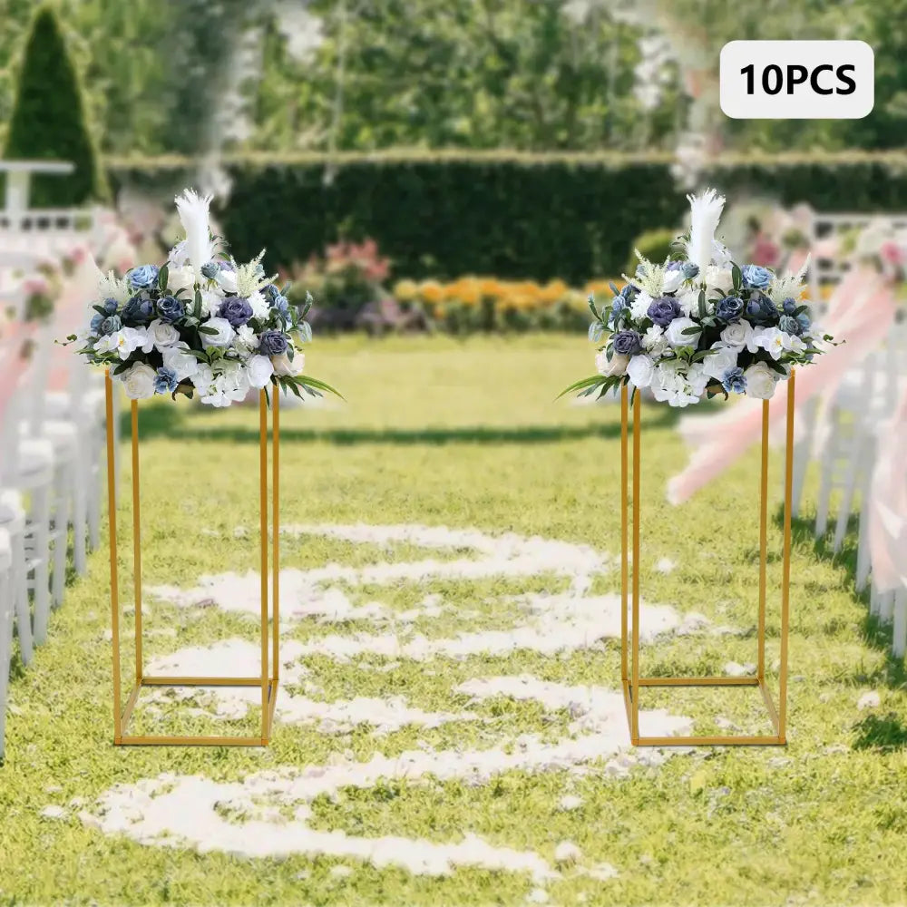 Decorbites gold metal wedding flower stand set with gold metal flower stands holding blue white artificial flowers