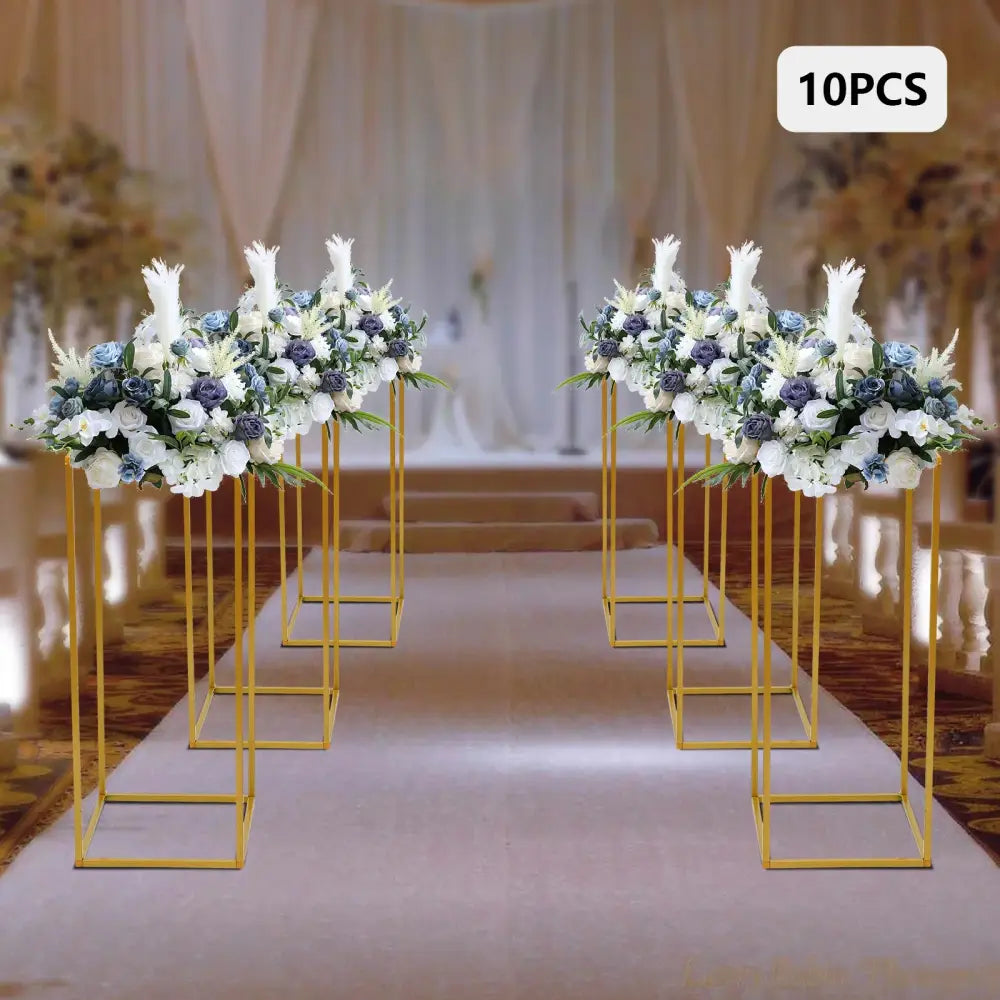 DecorBites™ gold metal wedding flower stands with white and blue artificial flowers and greenery arrangements