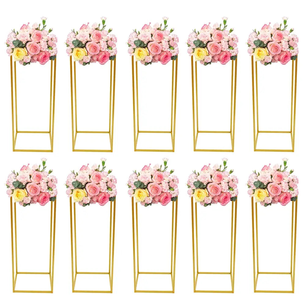 Decorbites™ gold metal wedding flower stand set with gold metal flower stands topped with pink and yellow rose bouquets