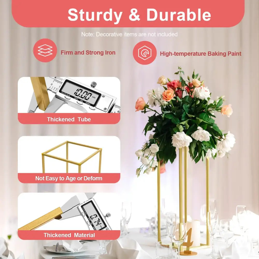 Gold-colored sturdy iron wedding flower stand with thickened tube design and high-temperature baking paint finish by DecorBites™