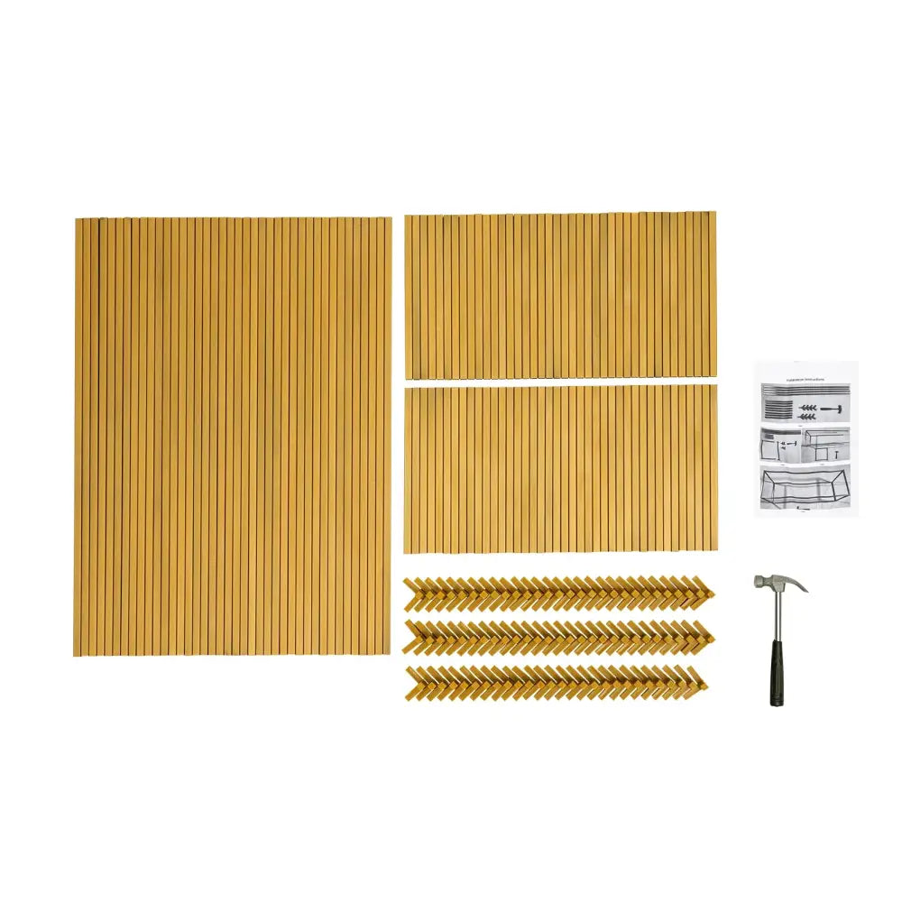 Gold-colored wooden slat panels and interlocking pieces for decorbites™ metal wedding flower stand kit