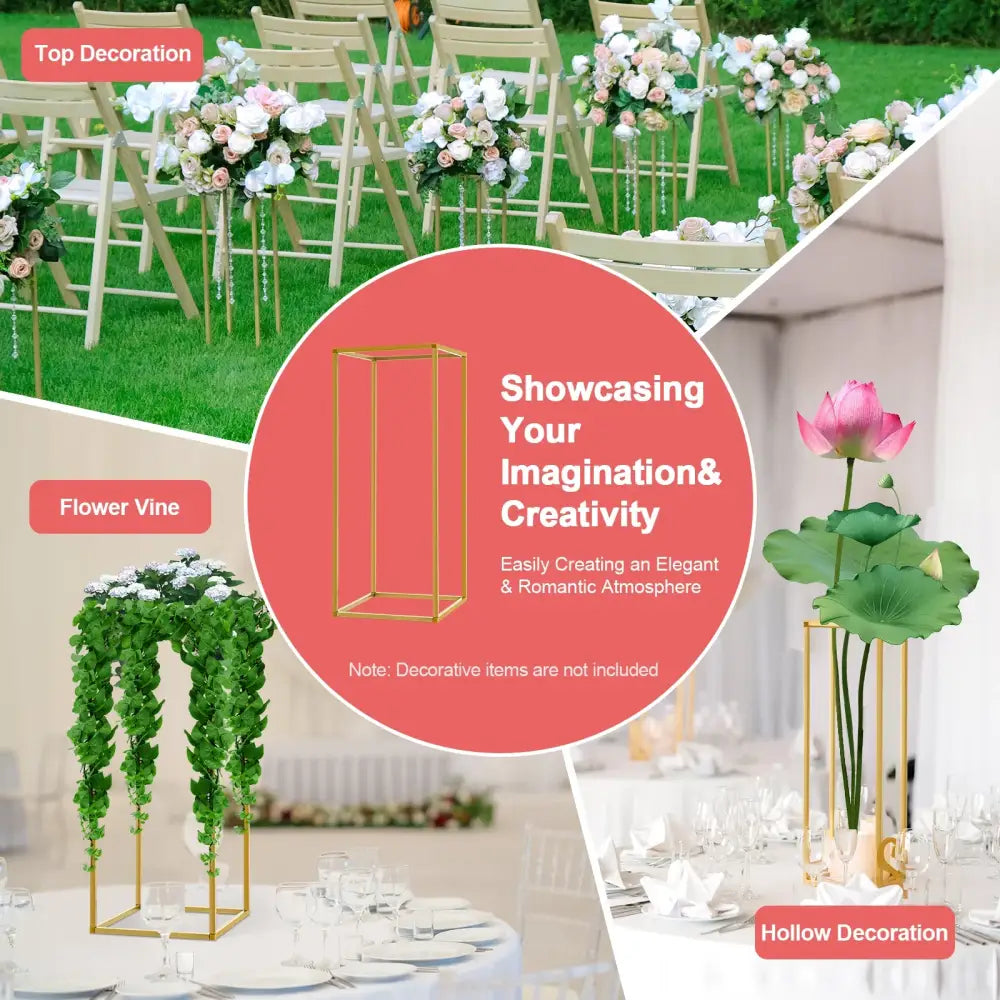 DecorBites gold metal wedding flower stand set with minimalist rectangular open sides design for displaying flowers