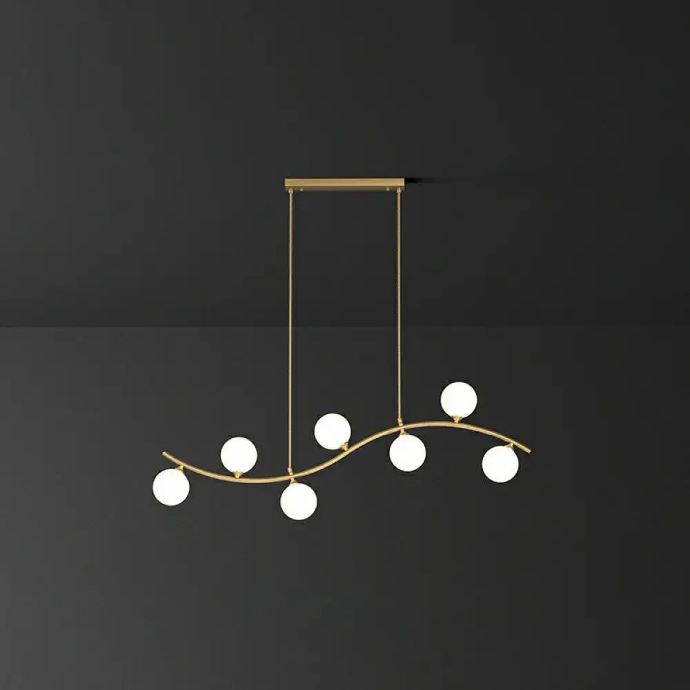 Gold-toned decorbites milk ball glass pendant lighting with curved metal arm and five bulbs for minimalist wavy ceiling