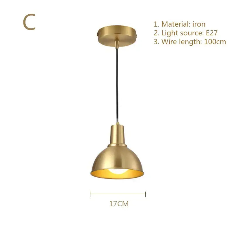 Decorbites gold modern brass-colored industrial iron pendant light with 100cm wire and e27 socket for dining room