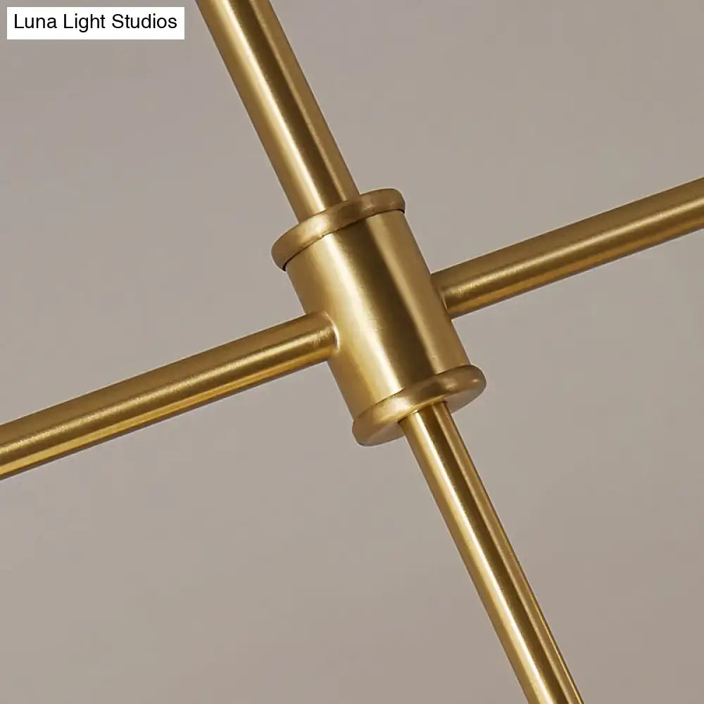 Brass-finished metal chandelier arm with cylindrical joint connecting rods in DecorBites gold opaline glass ceiling light for dining room