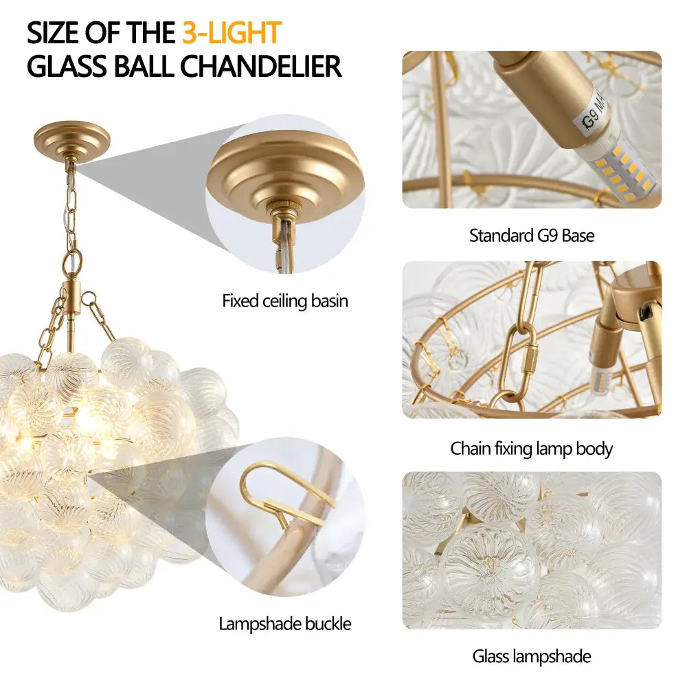 DecorBites gold pendant chandelier with adjustable height featuring 3-light clear textured glass lampshades