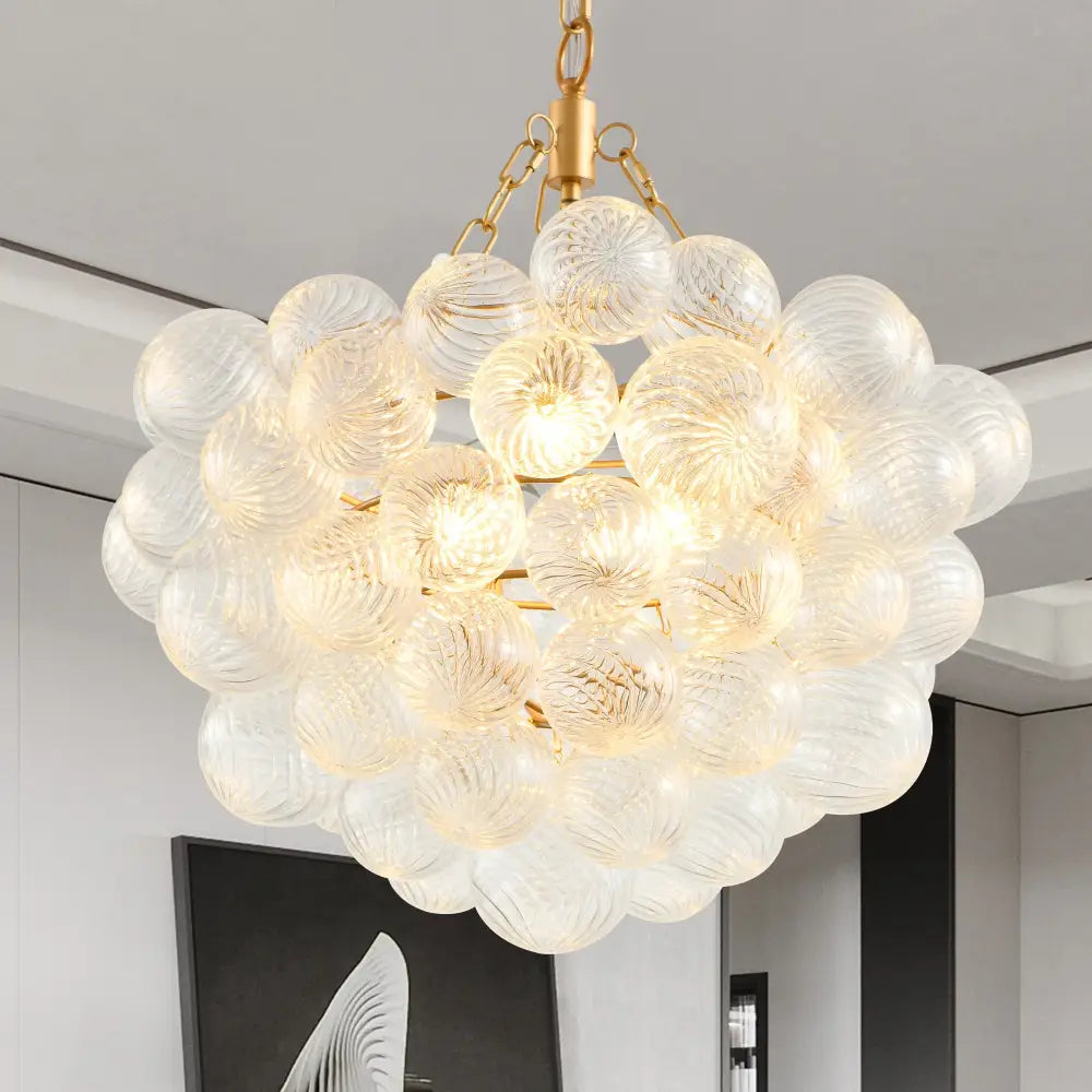 Decorbites gold pendant chandelier with adjustable height featuring translucent bubble glass spheres and gold frame pendant light