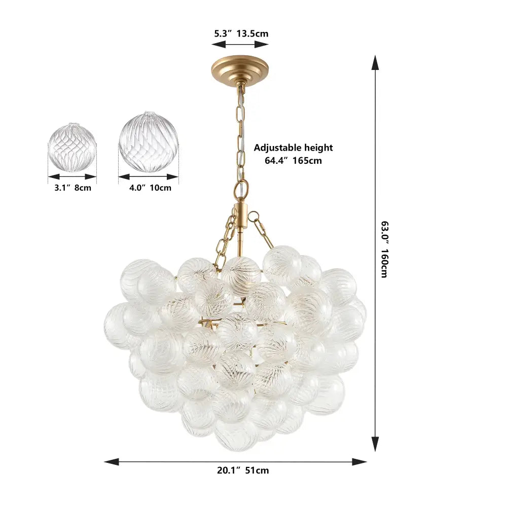 DecorBites™ gold pendant chandelier with adjustable height featuring clear textured glass orbs and gold-toned metal frame pendant light