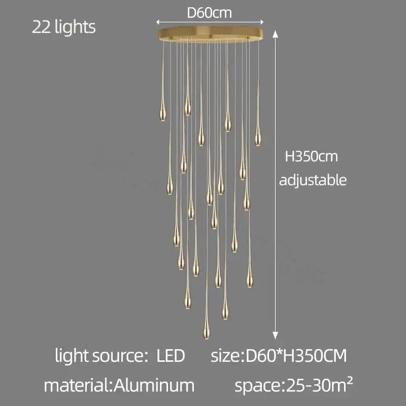 Decorbites gold-plated duplex gold-toned aluminum chandelier with 22 teardrop led lights for living room lighting