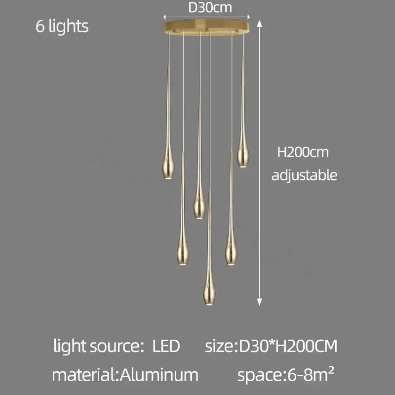 Decorbites gold-plated duplex pendant chandelier with six gold-toned aluminum teardrop LED lights for living room lighting