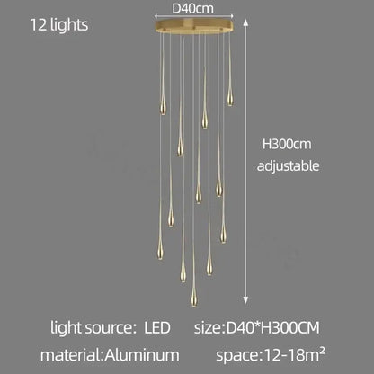 Gold-toned aluminum Decorbites gold-plated duplex chandelier with 12 teardrop-shaped LED lights for living room lighting