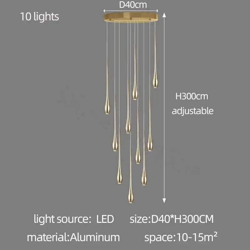 Decorbites gold-plated duplex gold-toned aluminum chandelier with ten teardrop led lights for living room lighting