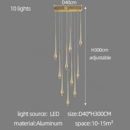 Decorbites gold-plated duplex gold-toned aluminum chandelier with ten teardrop led lights for living room lighting