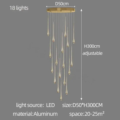Gold-toned aluminum decorbites gold-plated duplex chandelier with 18 teardrop led lights for living room lighting