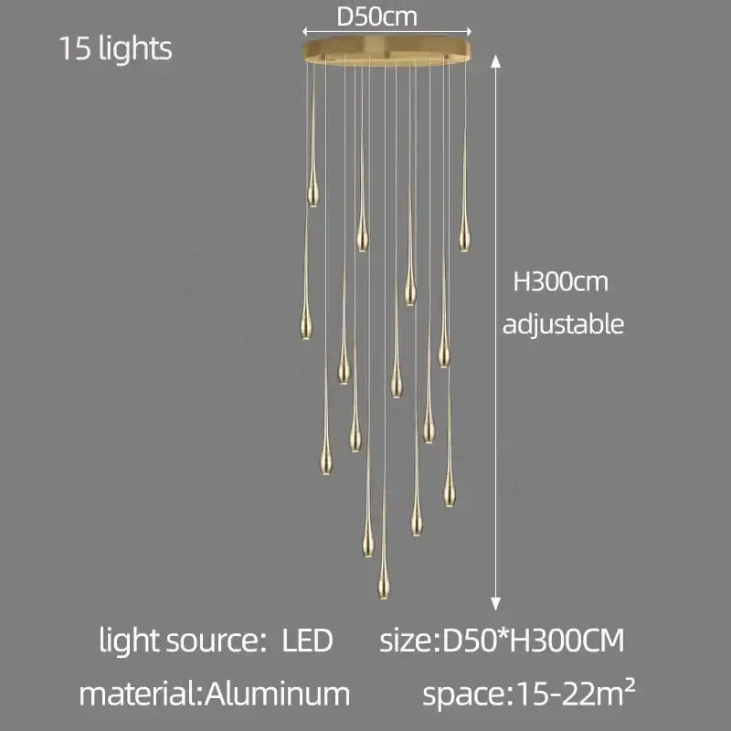 Gold-toned aluminum decorbites gold-plated duplex chandelier with 15 teardrop led lights for living room lighting