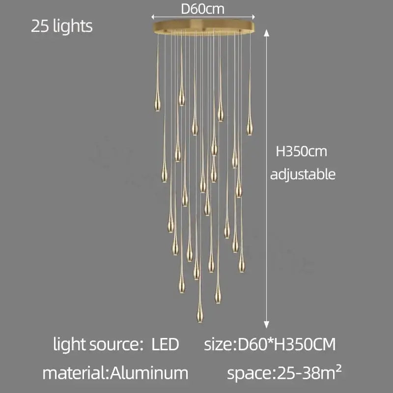 Decorbites gold-plated duplex gold-toned aluminum chandelier with 25 teardrop-shaped led lights for living room lighting