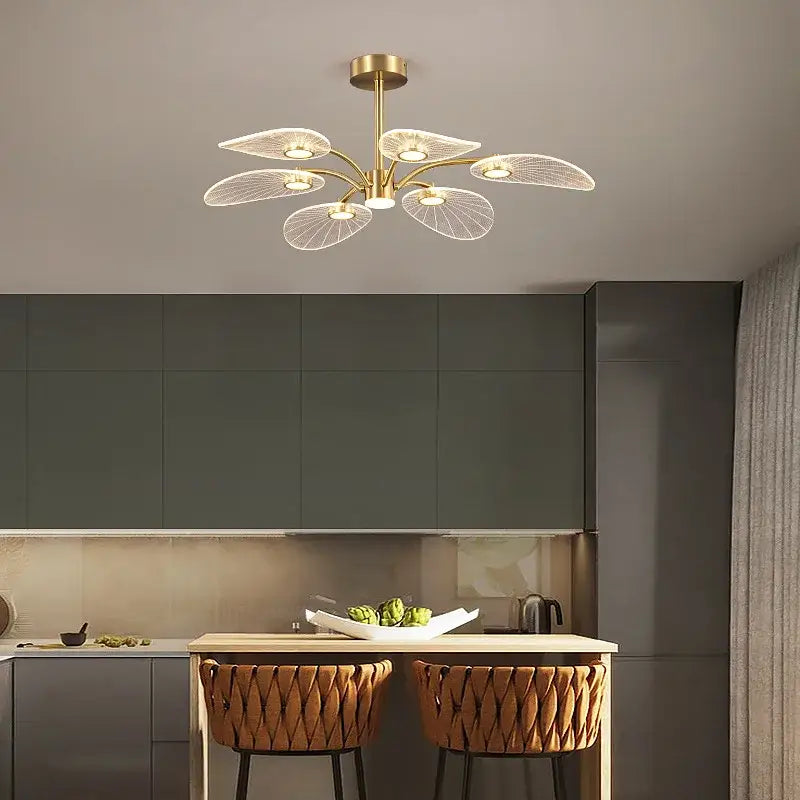 Decorbites golden art peacock led chandelier with gold-toned brass fixture and six translucent leaf-shaped shades for living room