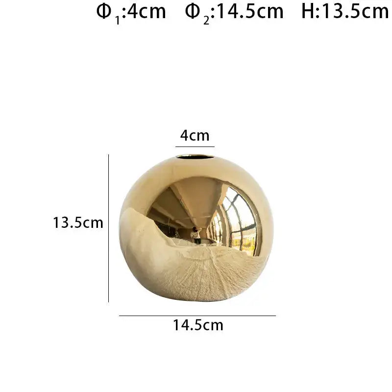 DecorBites™ golden ball ceramic vase with shiny gold spherical reflective surface and textured base for home decor