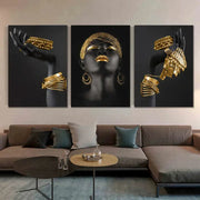 Decorbites golden jewelry african woman canvas art triptych wall art featuring african woman with intricate golden jewelry