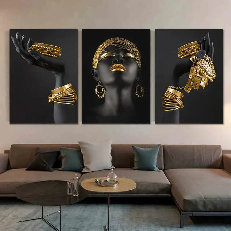 Decorbites golden jewelry african woman canvas art triptych wall art featuring african woman with intricate golden jewelry