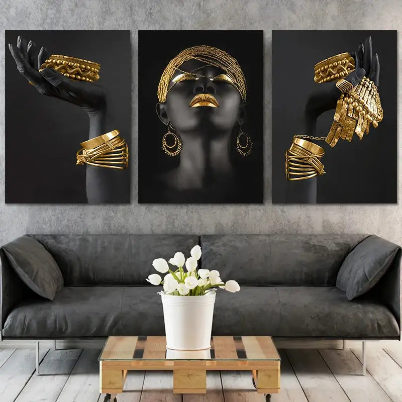 DecorBites™ black and gold triptych canvas art featuring a stylized african woman with golden jewelry african style