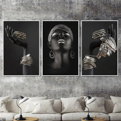 Black-and-white triptych canvas art of african woman wearing intricate silver and golden jewelry african accessories