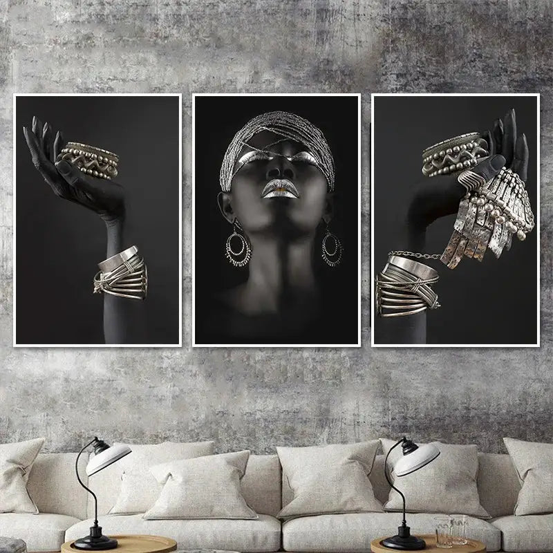 Black-and-white triptych canvas art of african woman wearing intricate silver and golden jewelry african accessories
