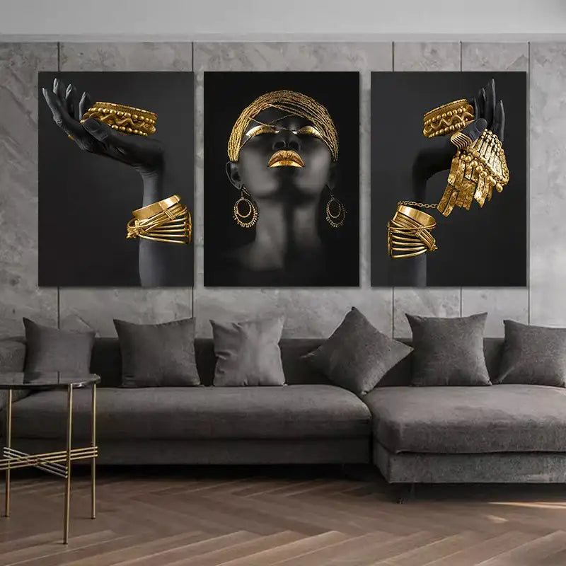 Decorbites™ golden jewelry african woman canvas art featuring a black and gold abstract portrait with intricate jewelry