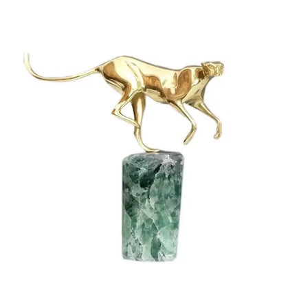Decorbites golden leopard brass cheetah figurine in golden on a green fluorite stone base for living room decor