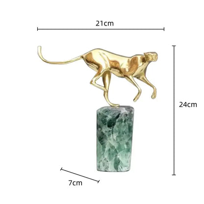 Decorbites golden leopard brass cheetah figurine in gold standing on a green and white marbled base for living room decor