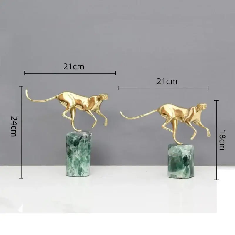 Two decorbites golden leopard brass cheetah figurines on green marble bases for living room decor