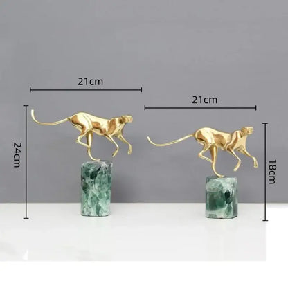 Two decorbites golden leopard brass cheetah figurines on green marble bases for living room decor