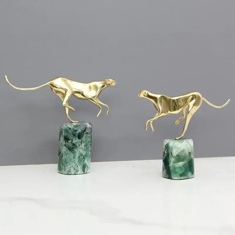 Two decorbites golden leopard brass cheetah figurines in dynamic running pose on green marble base for living room decor