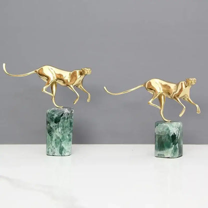 Two decorbites golden leopard brass cheetah figurines on green and white marbled bases for living room decor