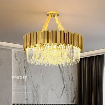 Decorbites golden luxury led crystal chandelier with gold-toned brass bars and cascading crystal droplets for living room lighting