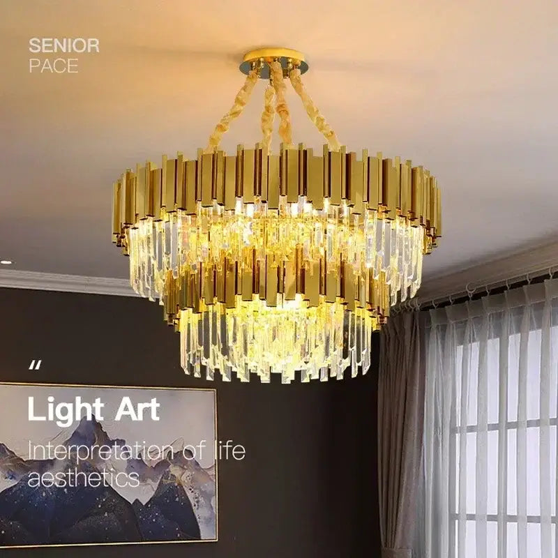 Decorbites golden luxury led crystal chandelier with cascading prisms and modern tiered design for living room lighting