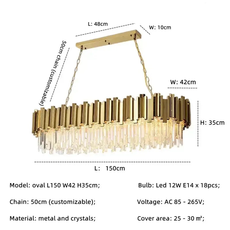 Oval gold-toned decorbites golden luxury led crystal chandelier with vertical metal bars and dangling crystals for living room