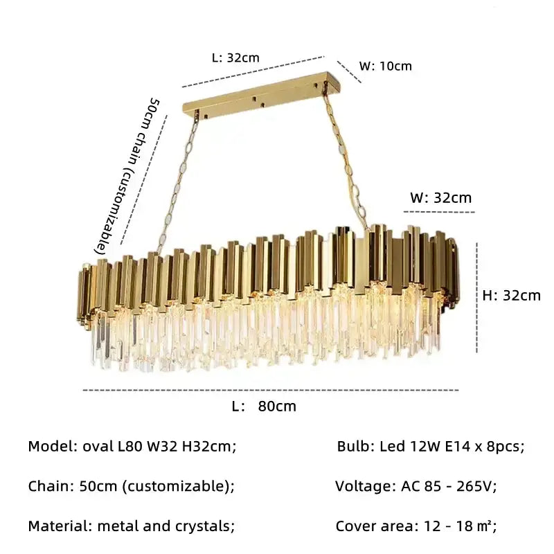 Decorbites golden luxury led oval chandelier with gold-toned metal bars and crystal strands for living room lighting