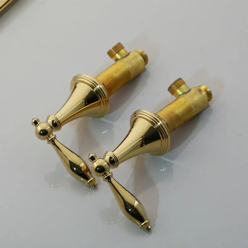 Pair of decorbites golden plated polished brass bathroom faucet handles with ornate tapered spout and ridged detailing