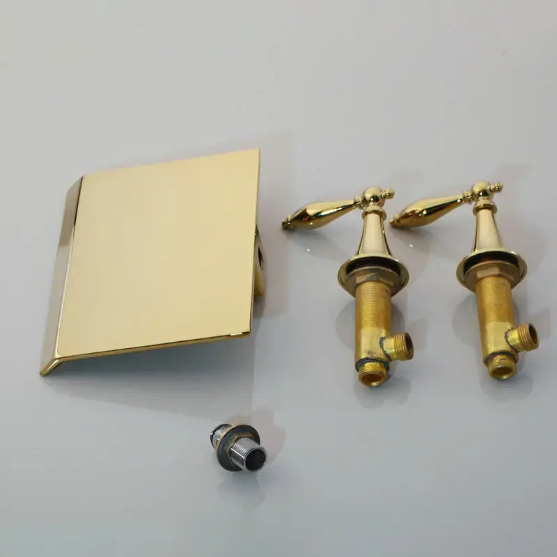 Gold-finished brass bathroom faucet set with two handles and rectangular spout from decorbites golden plated collection
