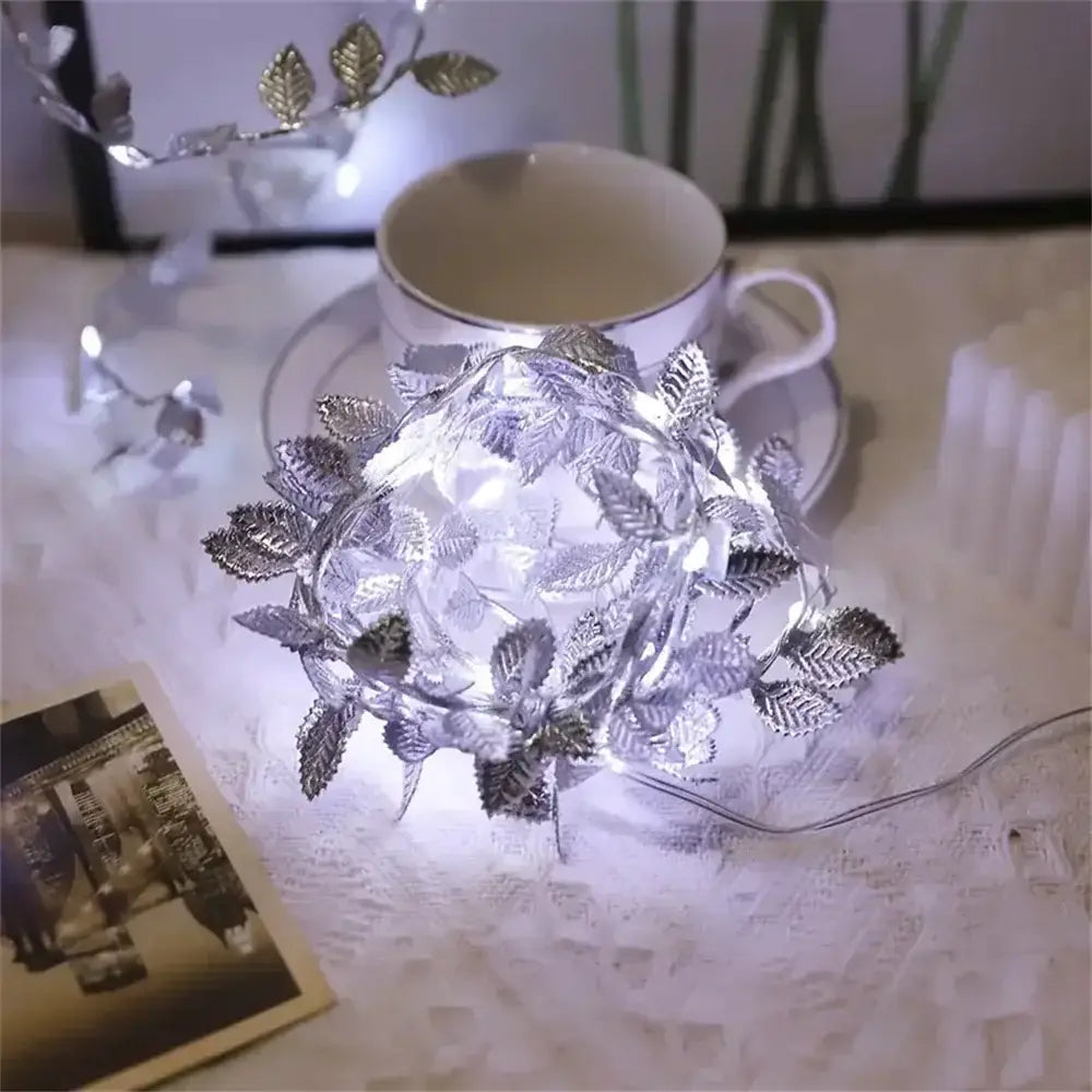 Decorbites™ golden silver leaf fairy lights featuring tiny leaves with a delicate glowing design for events