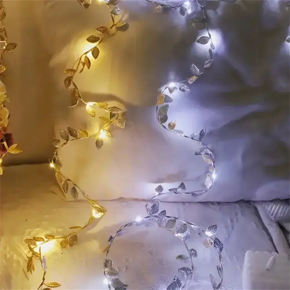Decorbites golden silver leaf fairy lights featuring tiny intertwined leaves with warm and cool white bulbs for events