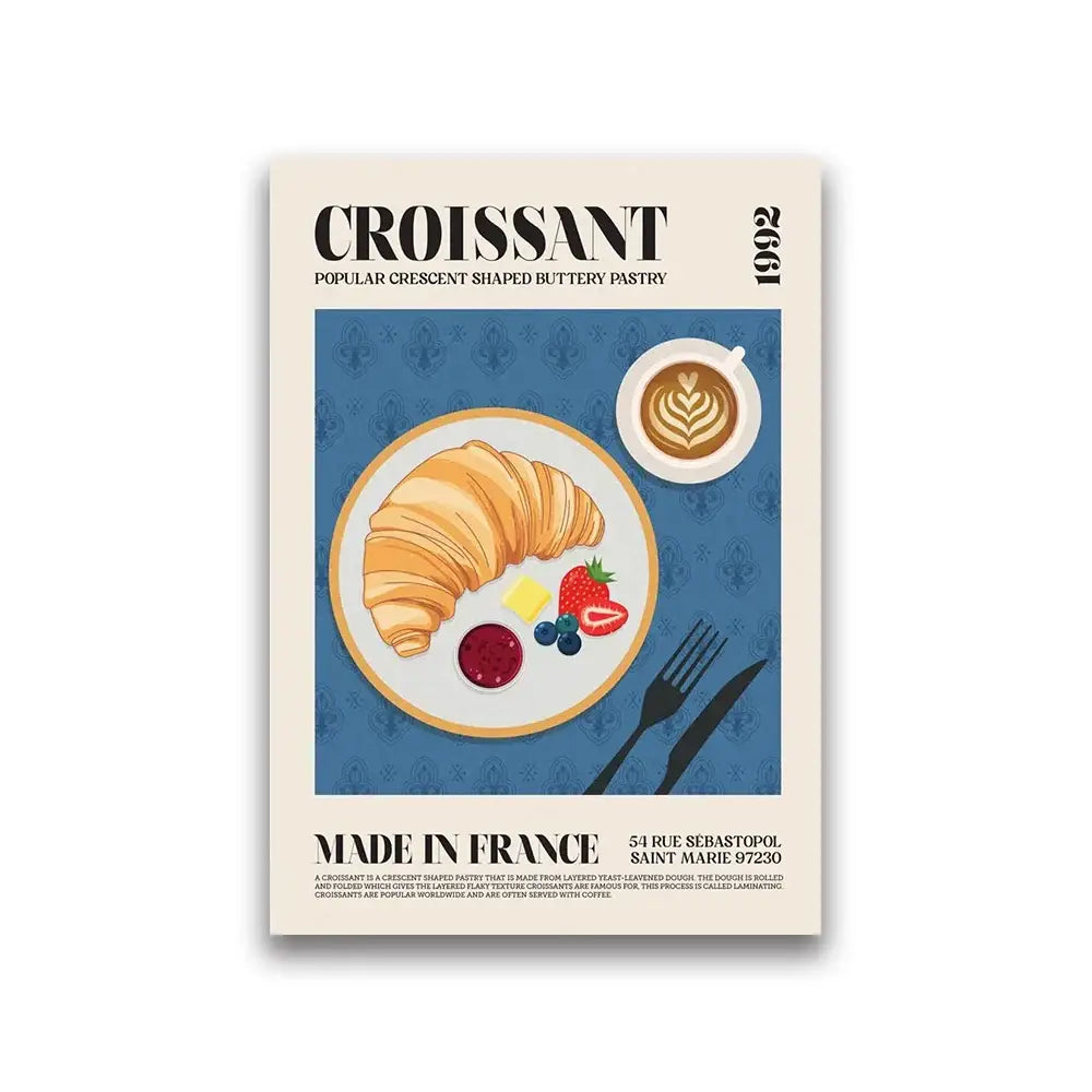 DecorBites™ gourmet world cuisine canvas wall art featuring a golden-brown flaky croissant on a white plate
